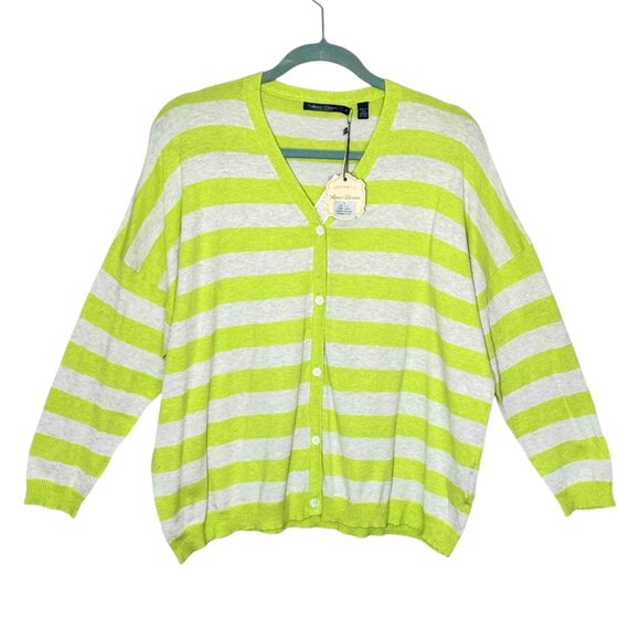 NWT Agave Denim Striped Cardigan Sz L Supima Cotton Green Oversized Boxy Preppy - Picture 2 of 11